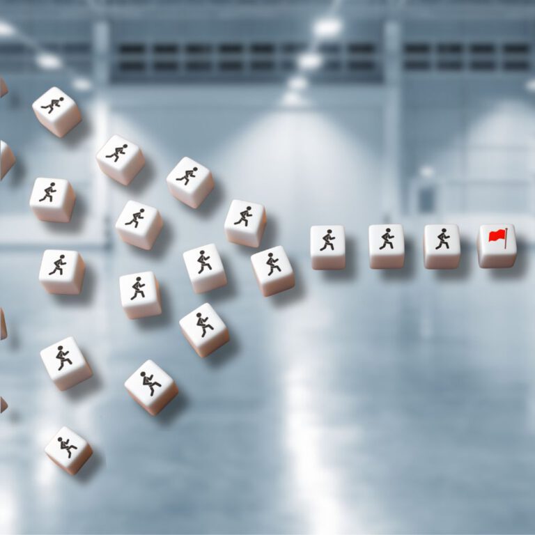 Symbolbild für Lieferantenkonsolidierung: Viele kleine Würfel mit laufenden Figuren vereinen sich zu einem geordneten Strang, der auf ein rotes Ziel-Flaggen-Symbol zuläuft – Darstellung der Bündelung von Lieferanten zu einer zentralen Lösung.