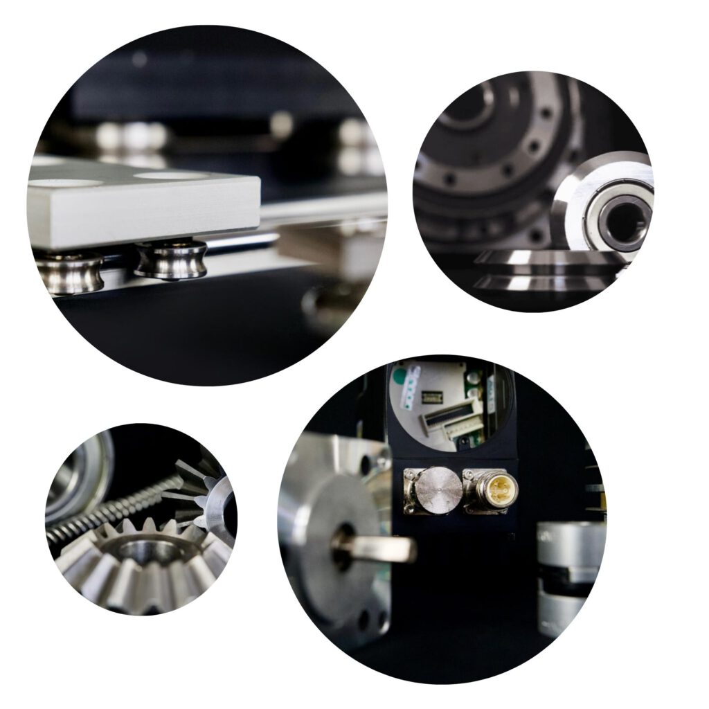 Detailaufnahmen verschiedener Antriebselemente und Linearkomponenten. Zu sehen sind Zahnräder, Lager, Führungen und Präzisionsmechanik in metallischer Ausführung auf dunklem Hintergrund, angeordnet in mehreren kreisförmigen Bildausschnitten.