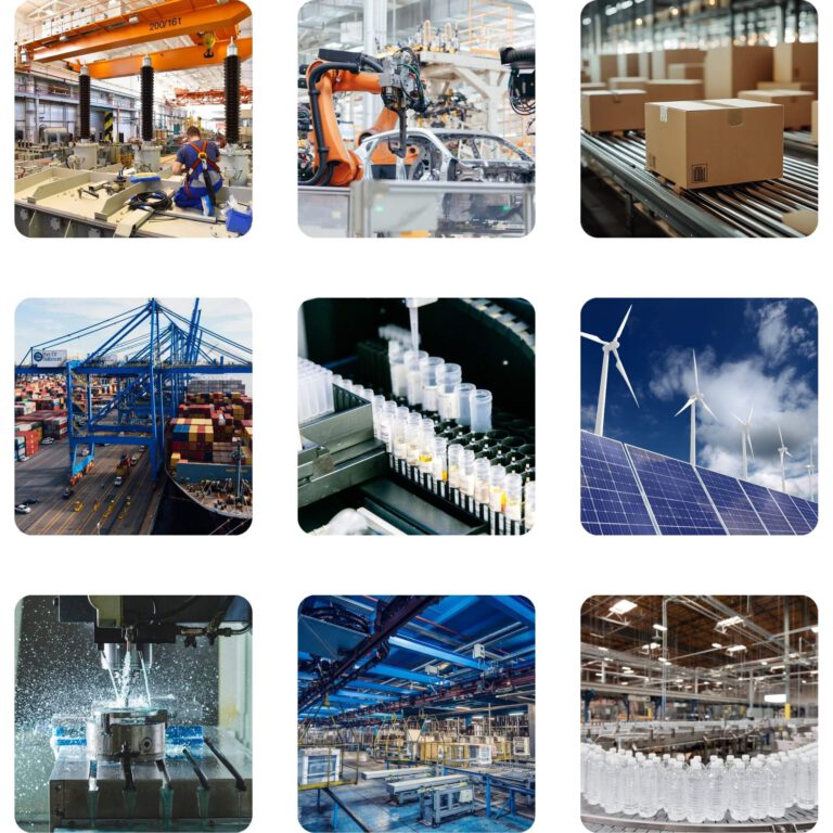 Collage aus neun Industrie-Motiven: Maschinenbau mit Monteuren, automatisierte Roboterfertigung, Verpackungs- und Fördertechnik, Hafenlogistik mit Containern, Laborautomation mit Probenröhrchen, erneuerbare Energien mit Windrädern und Solarpaneelen, CNC-Bearbeitung, moderne Produktionshalle und Getränkeabfülllinie.